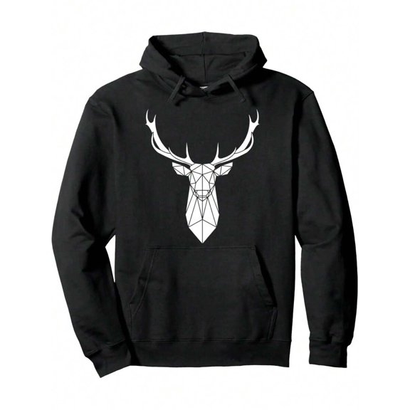Men's Hooded Sweatshirt - Black White Deer Polygon Pattern, Casual Daily And Event Street Style, Machine Washable, Geometric Print, Comfortable Fabric, Fashion Enthusiast