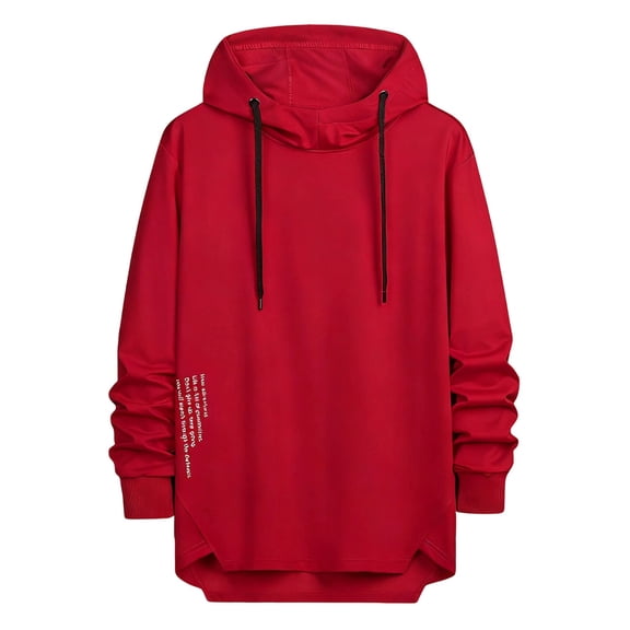 Men's Hooded Sweatshirt Drawstring Printed Asymmetrical Hem Drawstring Hoodie Red S
