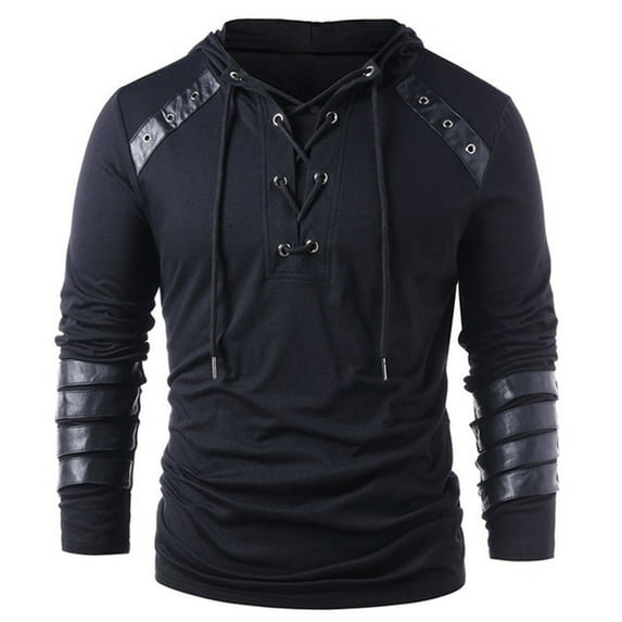 Men's Hooded Sweatshirt Drawstring Vintage Leather Patchwork Lightweight Hoodies Gym Athletic Sweatshirts Casual Long Sleeve Fall Winter Pullover