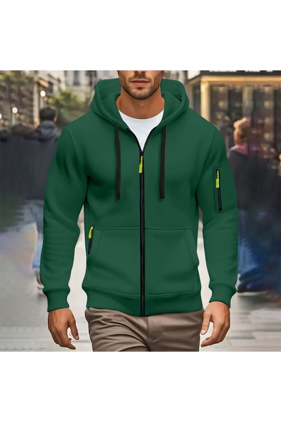 Men's Hooded Sweatshirt, Full Zip Up Long Sleeve Pullover with Zipper Sleeve Pockets, Casual and Warm Top for Fall and Winter Daily Wear, Outdoor Activities, and Street Style Fashion Blackish Green L
