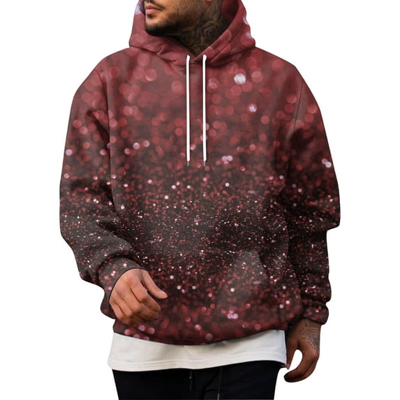 Men’s Hooded Sweatshirt Long Sleeve Pullover with Adjustable Drawstring and Abstract Glitter Pattern for Casual Wear Deep Red 2XL