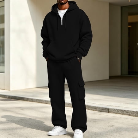 Socisucc Men's Hooded Sweatshirt Sweatpants Pant Set Comfortable Zipper Hoodies Elastic Waist Solid Drawstring Pockets Pants Two-piece sportswear Sets for Man Fall Winter