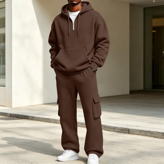 Men's Hooded Sweatshirt Sweatpants Pant Set Comfortable Zipper Hoodies Elastic Waist Solid Drawstring Pockets Pants Two-piece sportswear Sets for Man Fall Winter