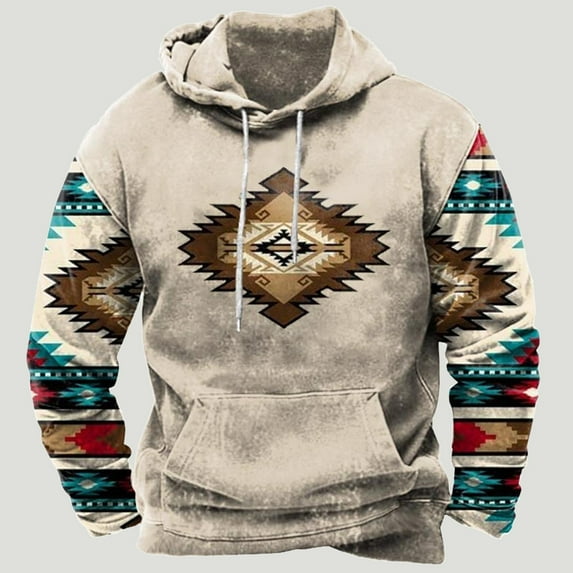 Men's Hooded Sweatshirt Tribal Aztec Printed Oversized Long Sleeve Pullover Sweatshirt Color Block Vintage Graphic Hoodies Tops