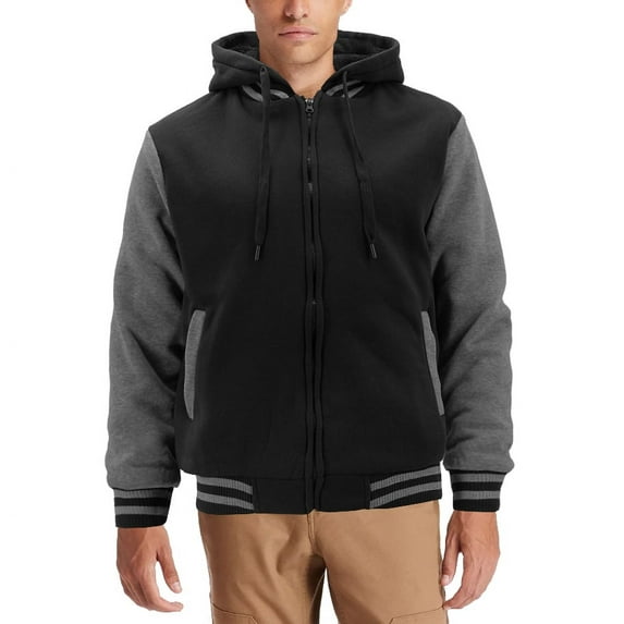 Men's Hooded Sweatshirt Two Tone Zip Up Sherpa Lined Fleece Varsity Jacket (Black/Charcoal, M)