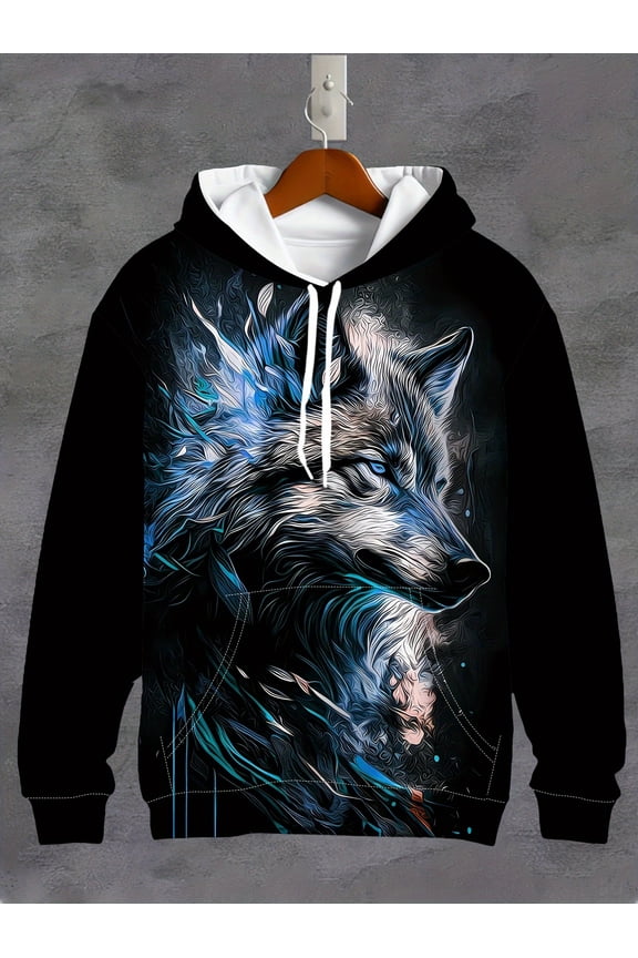 Men's Hooded Sweatshirt - Wolf Head Pattern Pullover with Drawstring Cap - Stretch Fabric Suitable for Fitness, Sportswear, Long Sleeve Sweatshirt