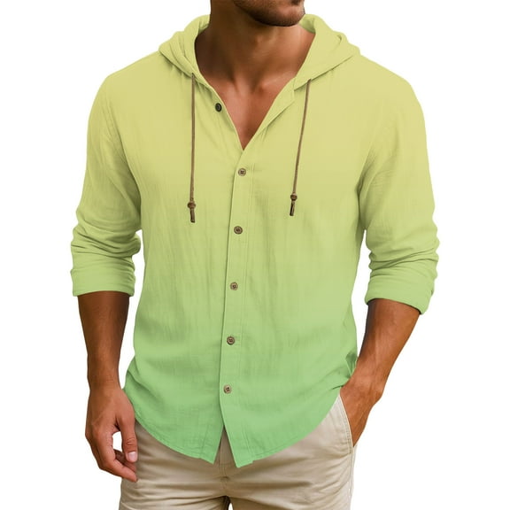 Men's Hooded T-Shirt in Gradient Color, Made from Cotton and Linen, Casual Long-Sleeved Top for Unique Styles and Comfortable Wear,Light Green,2XL