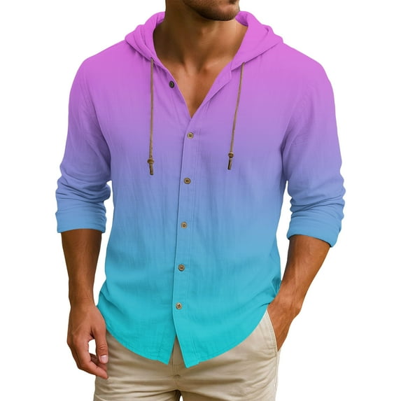 Men's Hooded T-Shirt in Gradient Color, Made from Cotton and Linen, Casual Long-Sleeved Top for Unique Styles and Comfortable Wear,Purple Pink,L