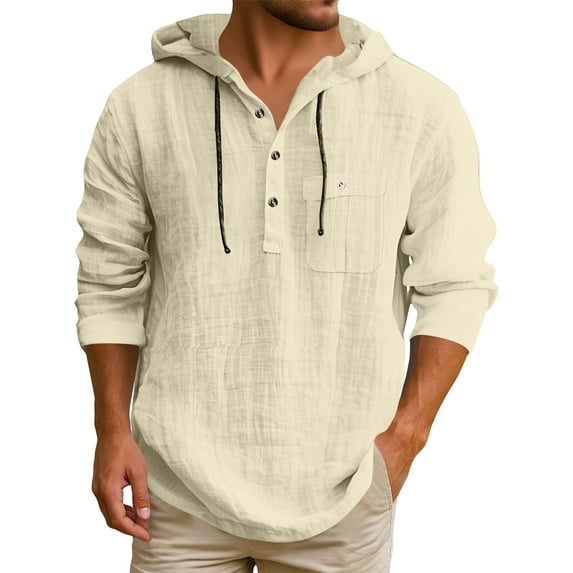 Men's Hooded T-Shirt in Solid Color, Made from Cotton and Linen, Casual Long-Sleeved Top for Breathable Comfort and Everyday Styles,Beige,L