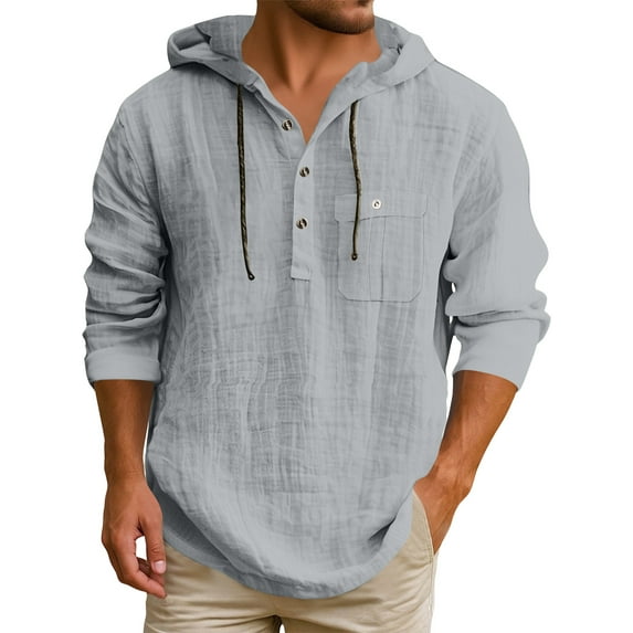 Men's Hooded T-Shirt in Solid Color, Made from Cotton and Linen, Casual Long-Sleeved Top for Breathable Comfort and Everyday Styles,Gray,M