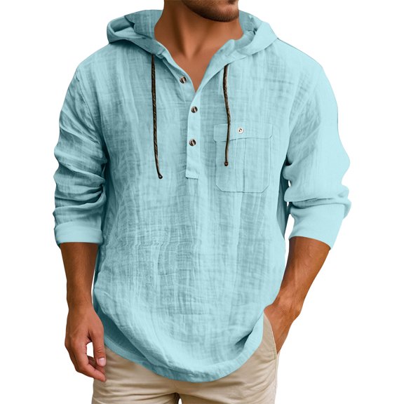 Men's Hooded T-Shirt in Solid Color, Made from Cotton and Linen, Casual Long-Sleeved Top for Breathable Comfort and Everyday Styles,Light Blue,L