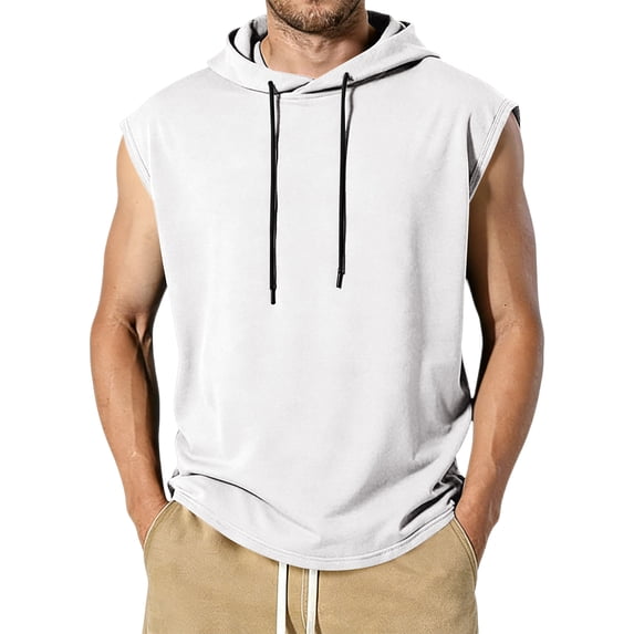 Men's Hooded Tank Top Sleeveless Drawstring Hooded Tank Tops Gym Bodybuilding Cut Off Workout Muscle Tee Shirt Tee Shirt,White S