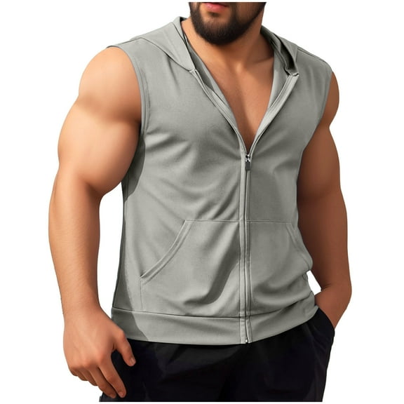 Men's Hooded Tank Tops Zip Up Sleeveless Jackets Summer Gym Workout Sports Hoodies with Pockets