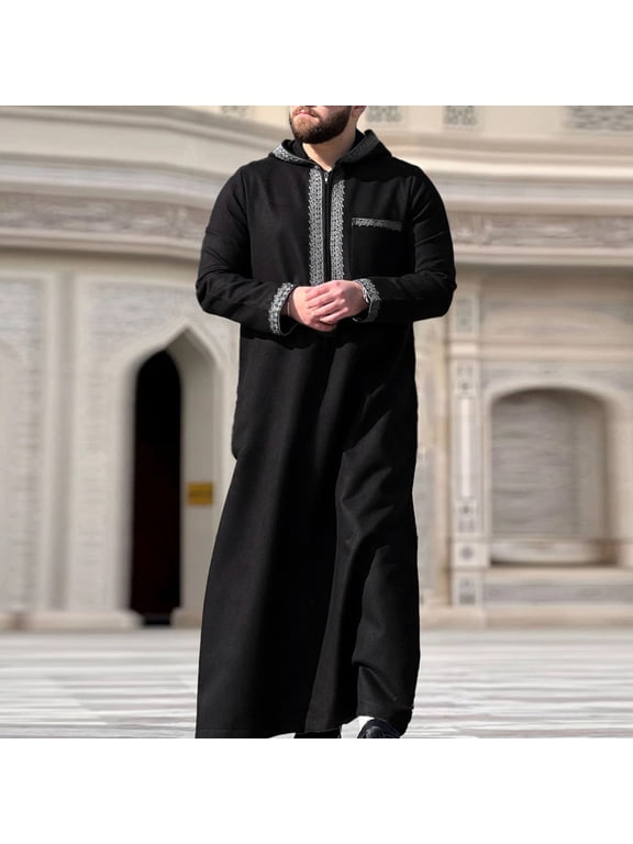 Men's Hooded Thobe Robe, Long Sleeve Embroidered Muslim Kaftan Dress with Front Pocket, Loose Fit Pullover Long Tunic for Casual Wear