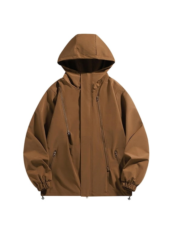Men's Hooded Utility Jacket Zip Up Lightweight Outdoor Coat | Hooded Utility Jacket Multi Zip Pocket Drawcord Hem Lightweight Techwear Streetwear Hiking Travel Outdoor Layer