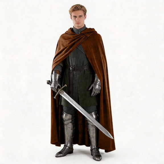 Men's Hooded Velvet Cloak, Medieval Knight Costume Cape, Halloween Cosplay Accessory, Medieval Hooded Cloak Renaissance Velvet Cape Vintage Capelet for Halloween Sorcerer Wizard Cosplay, Brown S