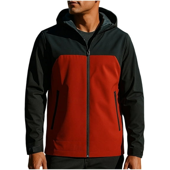 Men's Hooded Windbreaker Jacket Waterproof Windproof Full Zip Rain Coat Colorblock Fashion Outdoors Hiking Raincoat (L, Wine)