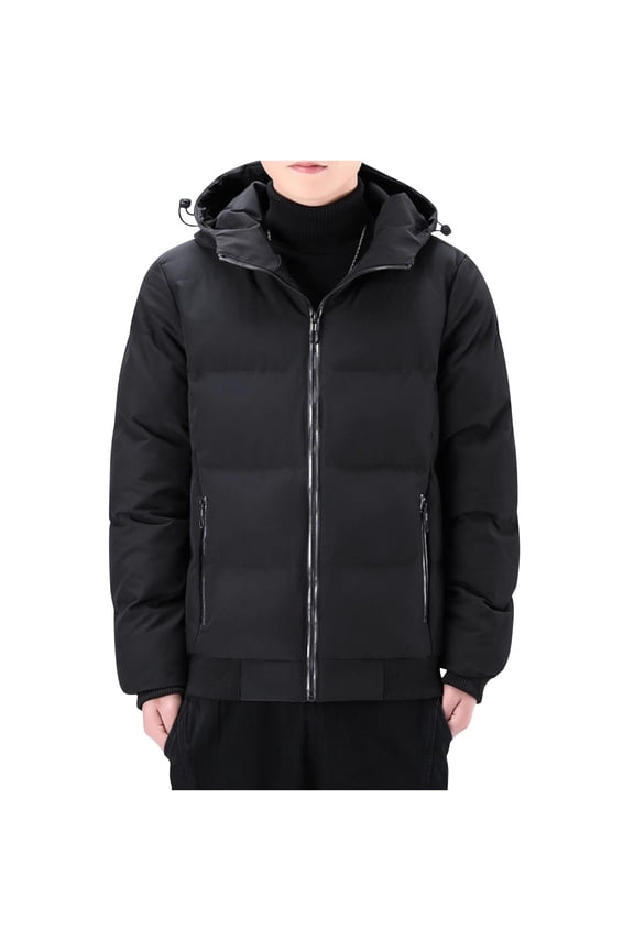 Men's Hooded Windbreaker Jackets Padded Warm Wind Jacket Windproof Snap Zip Dual Front Elastic Rib Cuff Hem Casual Coat for Men Black 5XL