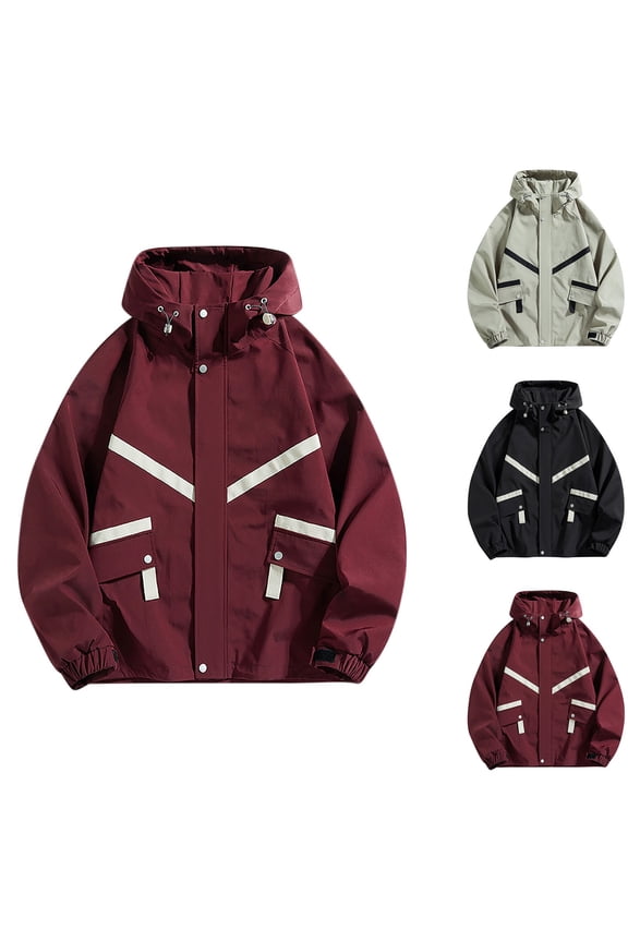Men's Hooded Windbreaker Light Water Resistant Elastic Cuff Outwear Jackets Night Running Camping Hiking Jackets with Reflective V-Stripe Wine S