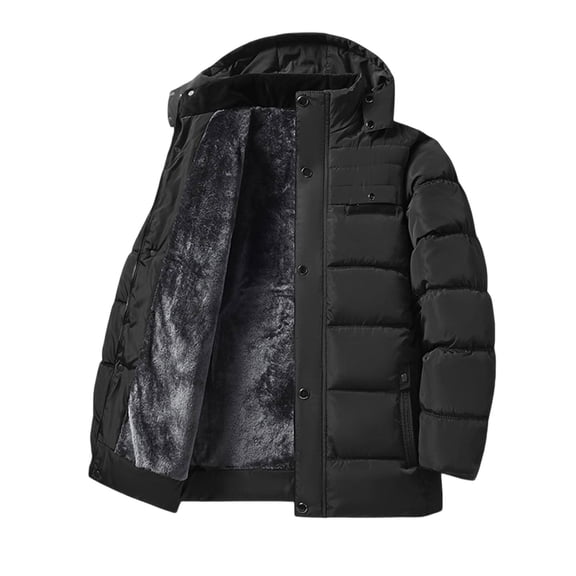 Men's Hooded Winter Coats Windproof Insulated Thicken Quilted Jacket Fleece Lined with Detachable Hood Thermal Jacket Outdoor Travel,Black,XXXL