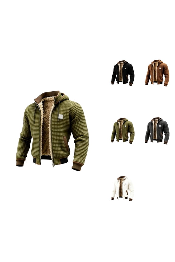 Men's Hooded Winter Jacket, Loose-Fit Casual Zip-Up Coat with Thermal Lining, Waffle Knit Fabric, Thickened Warm Outerwear for Fall and Winter