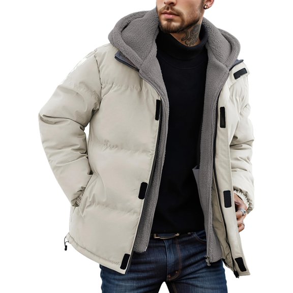Men's Hooded Winter Puffer Jacket, Windproof Thermal Coat with Easy Hook-and-Loop Closure