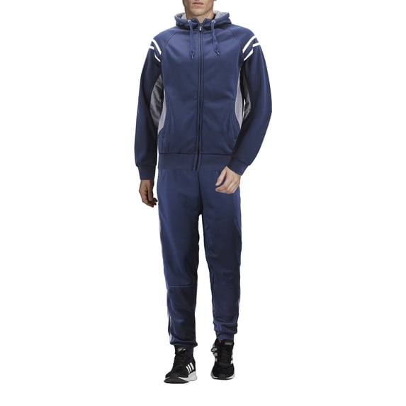 Men's Hooded Working Out Running Gym Fitness Casual Jogging Tracksuit 2 Pcs Set (Navy, XL)
