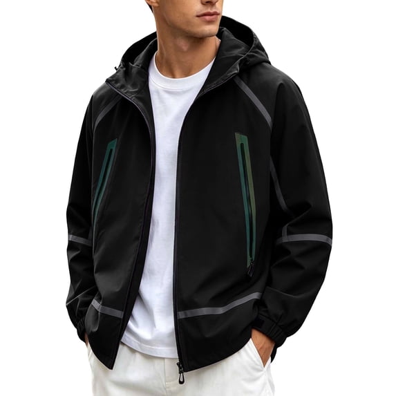 Men's Hooded Zip Bomber Jackets Strip Long Sleeve Warm Fall Jackets, Lightweight Casual Sport Coat, Casual Regular Fit Street Outerwear