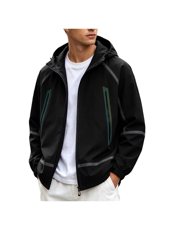 Men's Hooded Zip Bomber Jackets Strip Long Sleeve Warm Fall Jackets, Lightweight Casual Sport Coat, Casual Regular Fit Street Outerwear