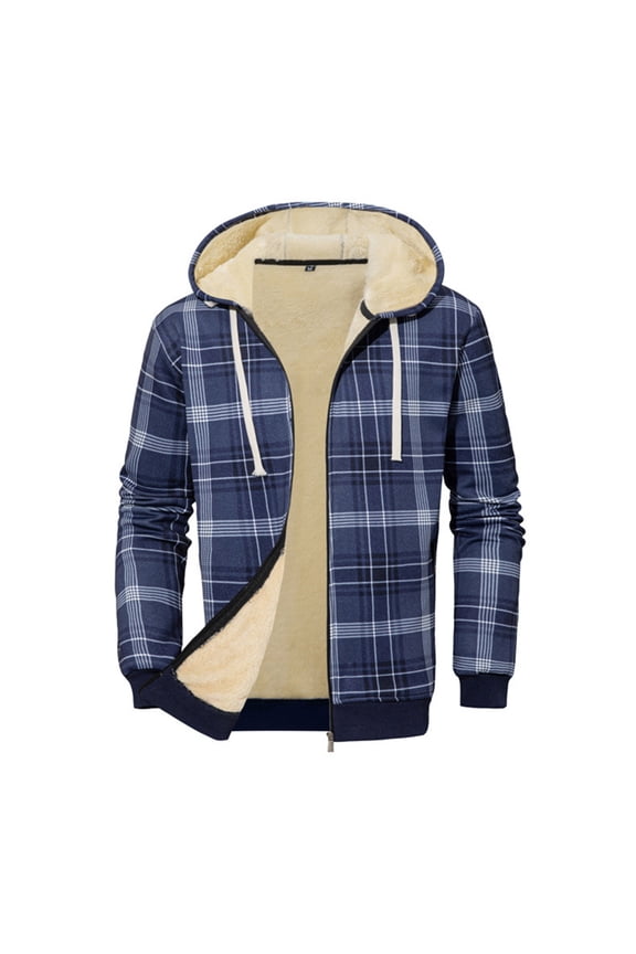 Men's Hooded Zip Fleece-Lined Thick Plaid Jacket, Casual Sports Outerwear, Blue, L