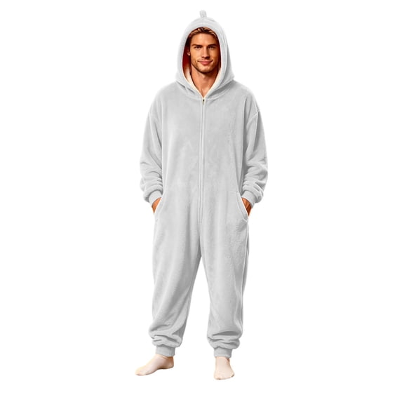 Men's Hooded Zip Up One Piece Soft Plush Fleece Onesies Pajamas, Long Sleeve Full Length Loungewear Fuzzy Jumpsuit for Home Sleepwear