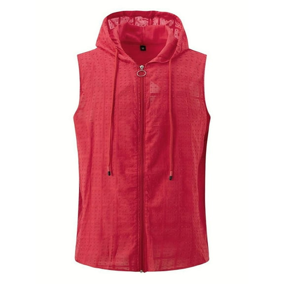Men's Hooded Zipper Lapel Top - Sleeveless, Summer Casual, Solid Color, Polyester, True to Size, Suitable for Work/Vacation, S-XXL Sizes