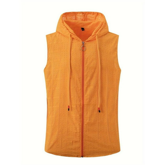 Men's Hooded Zipper Lapel Top - Sleeveless, Summer Casual, Solid Color, Polyester, True to Size, Suitable for Work/Vacation, S-XXL Sizes