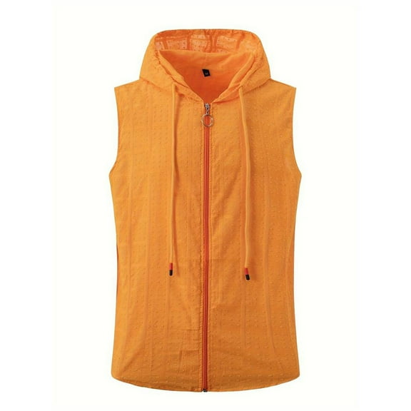 Men's Hooded Zipper Lapel Top - Sleeveless, Summer Casual, Solid Color, Polyester, True to Size, Suitable for Work/Vacation, S-XXL Sizes