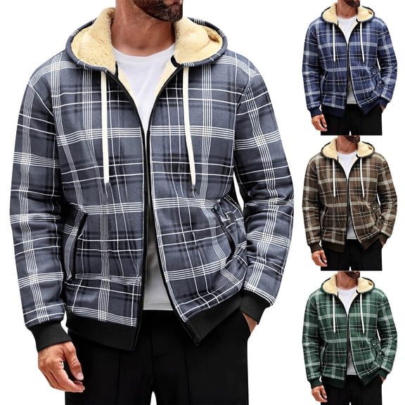 Men's Hooded Zippered Fleece Lined Thick Plaid Casual Sports Jacket for Outdoor Exercises, Winter Adventures, and Seasonal Events,Army Green,L