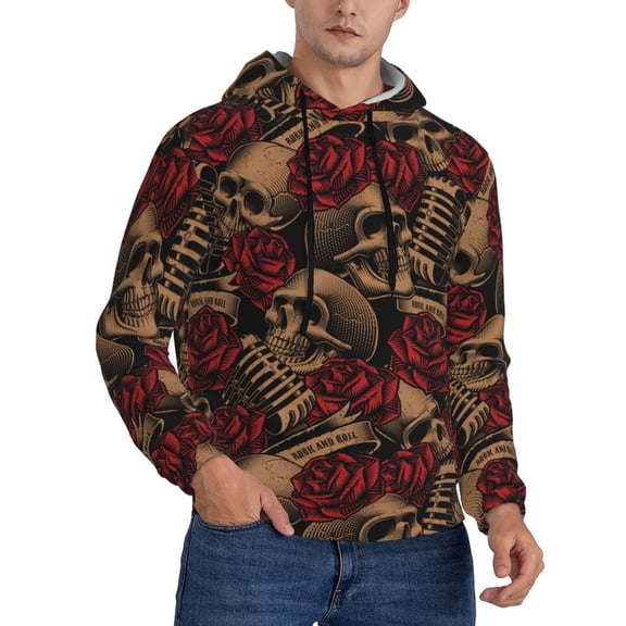 Men's Hoodie 3D Sweatshirt Pullover Hoodies, Skulls Microphones Roses Rock