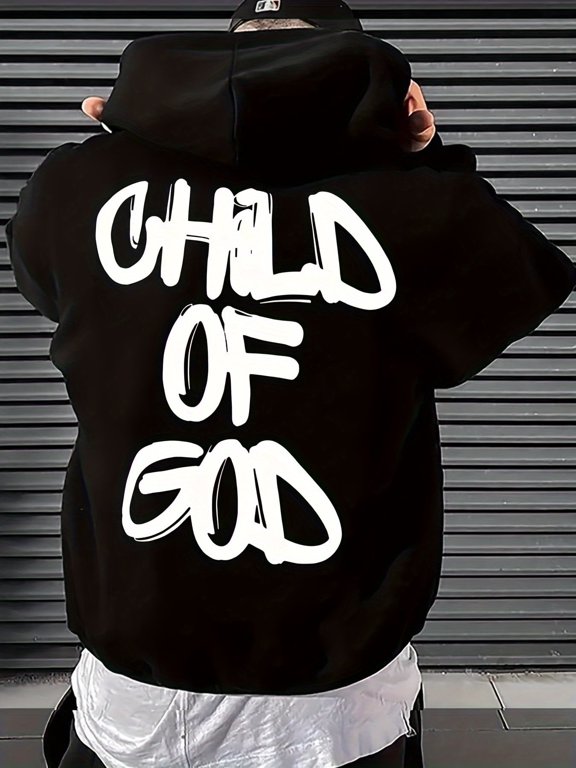 Men's Hoodie - Black with Bold White CHILD OF GOD Letter Print - Kangaroo Pocket & Drawstring Hood - Loose Fit Streetwear Pullover - Machine Washable Fall/Winter Clothing, Long Sleeve Top