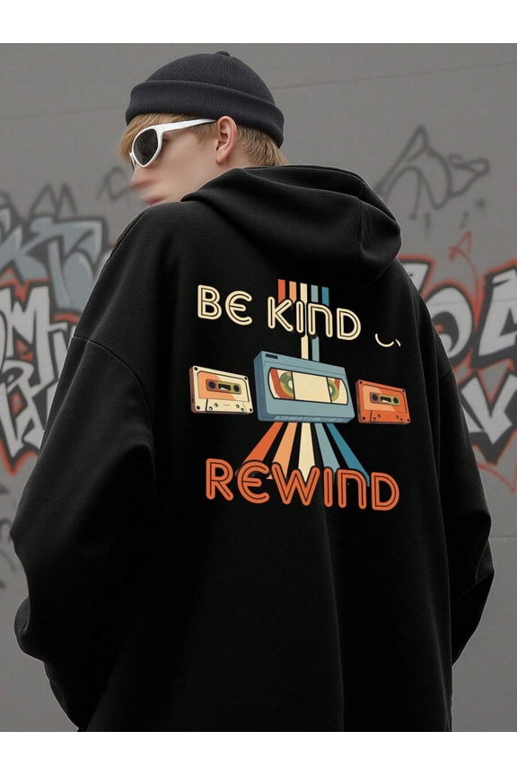 Men's Hoodie - Black Vintage Be Kind Rewind Tape Graphic Loose-Fit Street Style Pullover - Soft, Machine Washable Fabric For Everyday Casual Wear (Spring, Fall, And Winter) - Youth Style, Urban Style