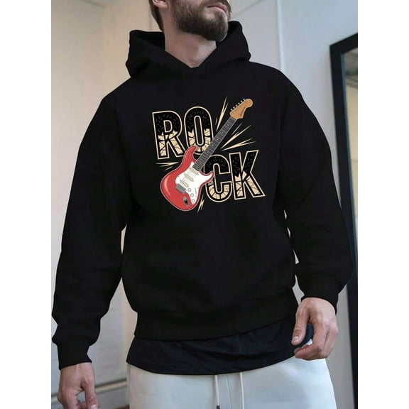 Men's Hoodie, Black with Electric Guitar Graphic and ROCK Letters, Urban Essential Concert Hoodie, Casual Clothing, Ideal Gift for Rock Music Fans