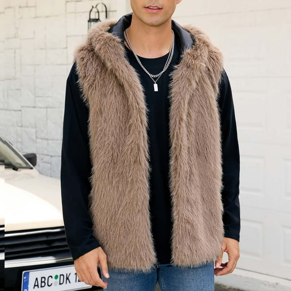 Men's Hoodie Cardigan Vests Fuzzy Fleece Vests Warm Winter Open Front Sleeveless Jackets Outwear Gilet Khaki M
