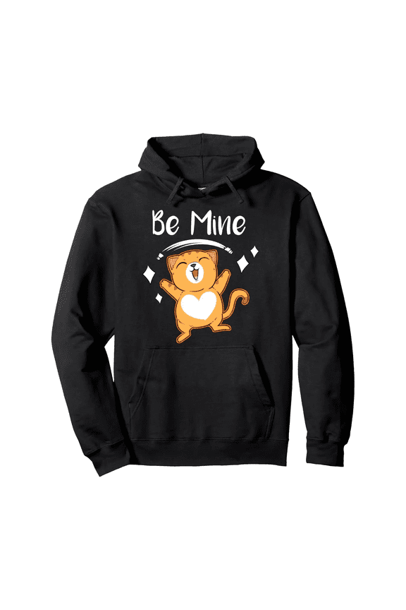 Men's Hoodie, Cartoon Cat and Slogan 'Be Mine', Casual Long Sleeve Sweater, Loose Fit