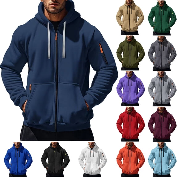 Men's Hoodie Coat Jacket Casual Fashion Solid Color Hooded Long-Sleeve Zip Pocket Outwear Jackets