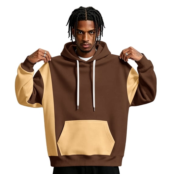 Men's Hoodie Drawstring Hooded Long Sleeve Color Block with Kangaroo Pocket Soft Touch Pullover Basic Top for Fall Winter Everyday Wear and Weekend Outings Khaki 2XL