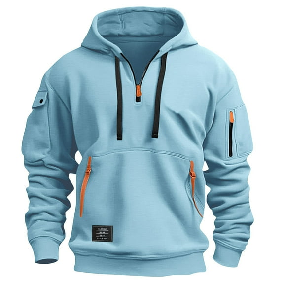 Men’s Hoodie Half-Zip Pullover With Multiple Zippered Pockets Adjustable Drawstring Hood and Utility Arm Pocket Sweatshirt,Size S-3XL