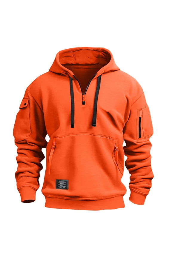 Men’s Hoodie Half-Zip Pullover With Multiple Zippered Pockets Adjustable Drawstring Hood and Utility Arm Pocket Sweatshirt,Size S-3XL