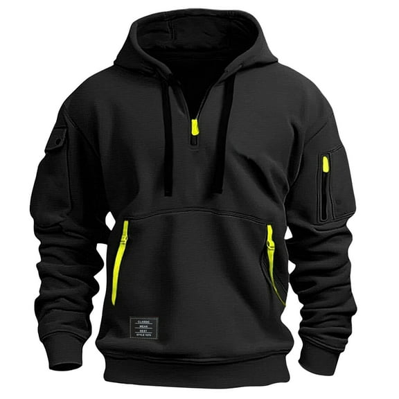 Men’s Hoodie Half-Zip Pullover With Multiple Zippered Pockets Adjustable Drawstring Hood and Utility Arm Pocket Sweatshirt,Size S-3XL