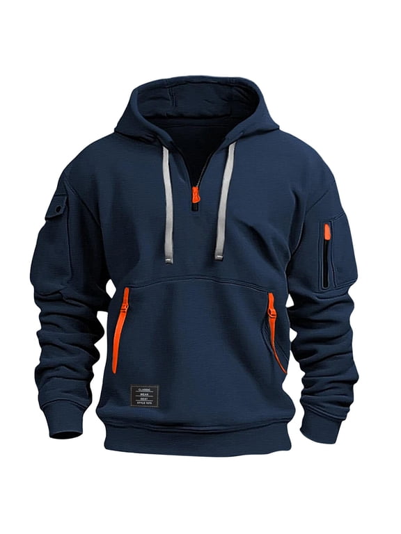 Men’s Hoodie Half-Zip Pullover With Multiple Zippered Pockets Adjustable Drawstring Hood and Utility Arm Pocket Sweatshirt,Size S-3XL