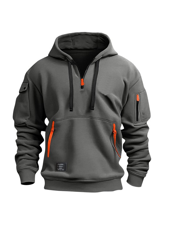 Men’s Hoodie Half-Zip Pullover With Multiple Zippered Pockets Adjustable Drawstring Hood and Utility Arm Pocket Sweatshirt,Size S-3XL