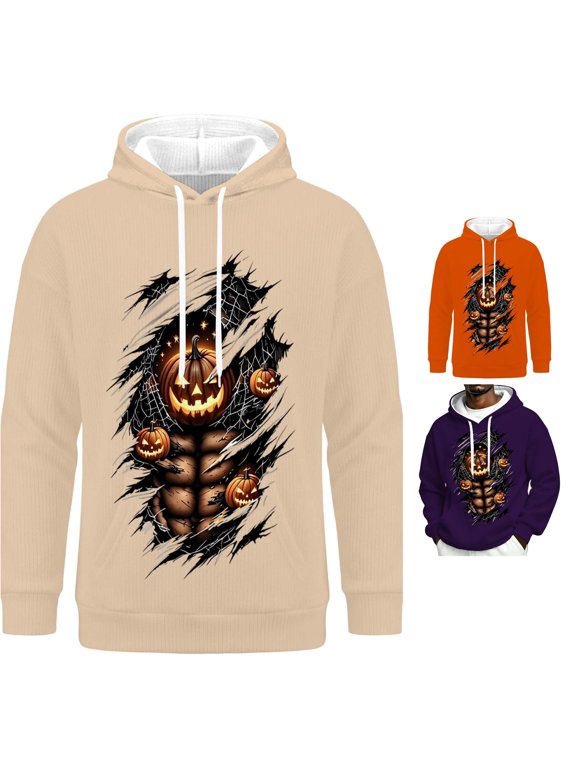 Men's Hoodie Halloween Hoodie for Men 3D Skeleton Rib Cage Spine Scary Pullover Hooded Sweatshirt Party Top Beige M