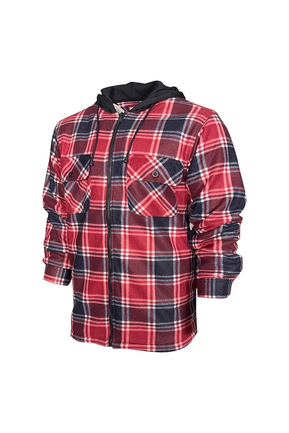 Men's Hoodie Heavy Plaid Fleece Full Zip Up Long Sleeve Warm Hooded Jacket, Navy/Burgundy, M